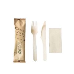 PACK TENEDOR + CUCHILLO (MADERA) + SERVILLETA KRAFT (1X500)